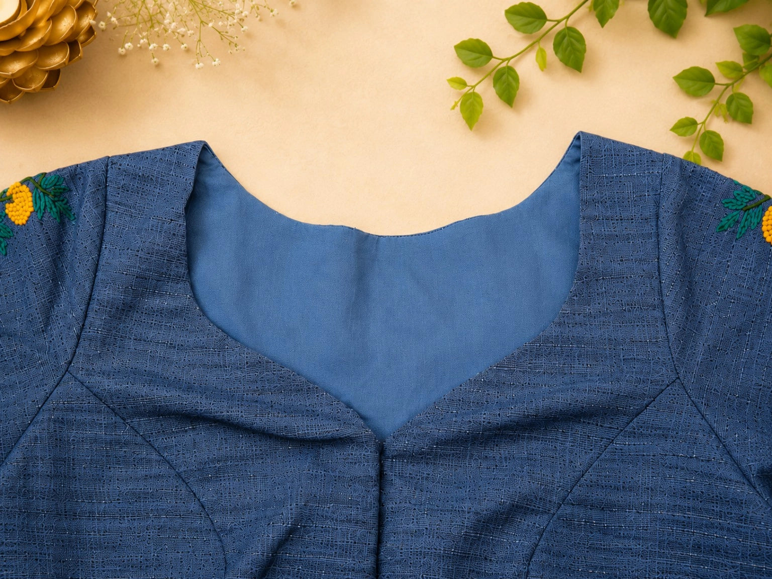 Steel Blue Boat Neck Hand Work Glass Embroidered Blouse for Saree