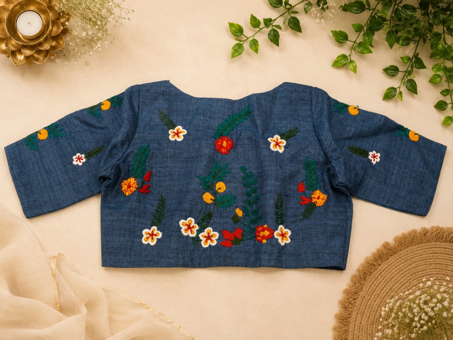 Steel Blue Boat Neck Hand Work Glass Embroidered Blouse for Saree