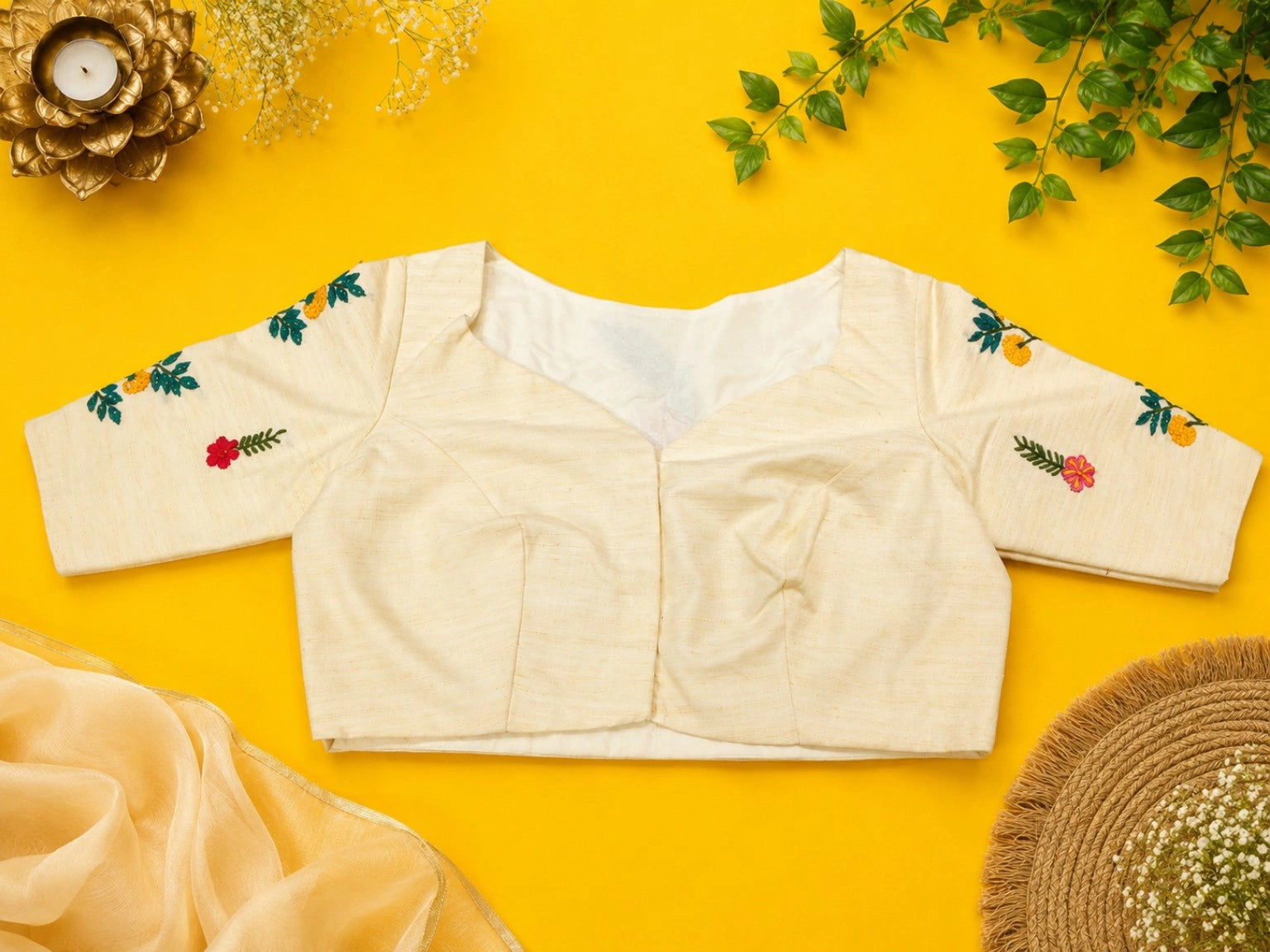 Off White Handwork Glass Sleeve Boat Neck Embroidered Designer Blouse
