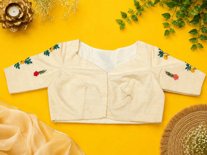 Off White Handwork Glass Sleeve Boat Neck Embroidered Designer Blouse