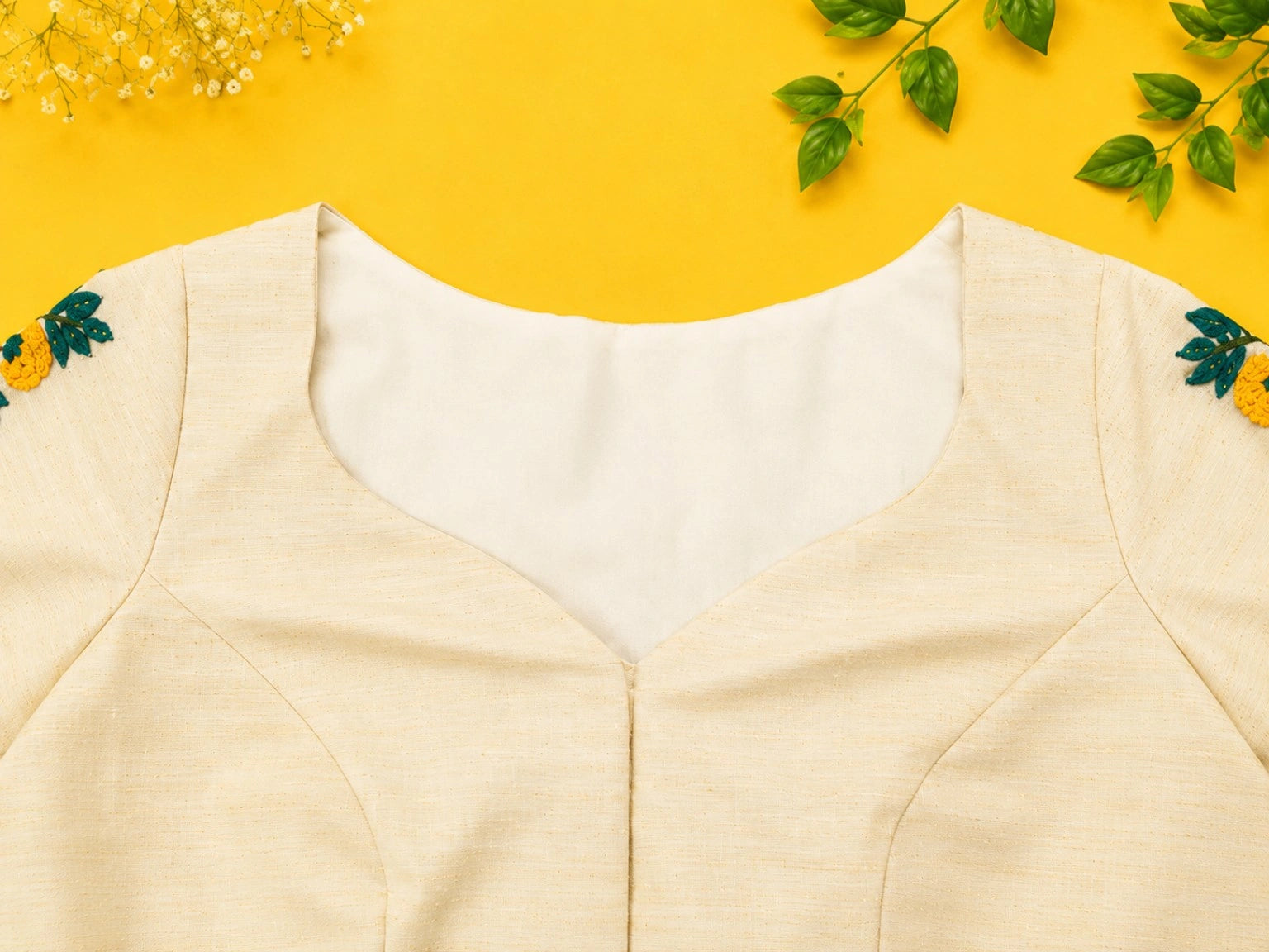Off White Handwork Glass Sleeve Boat Neck Embroidered Designer Blouse