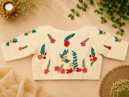 Off White Handwork Glass Sleeve Boat Neck Embroidered Designer Blouse