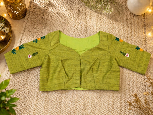 Olive Green Boat Neck Hand Embroidered Floral Cotton Blend Blouse