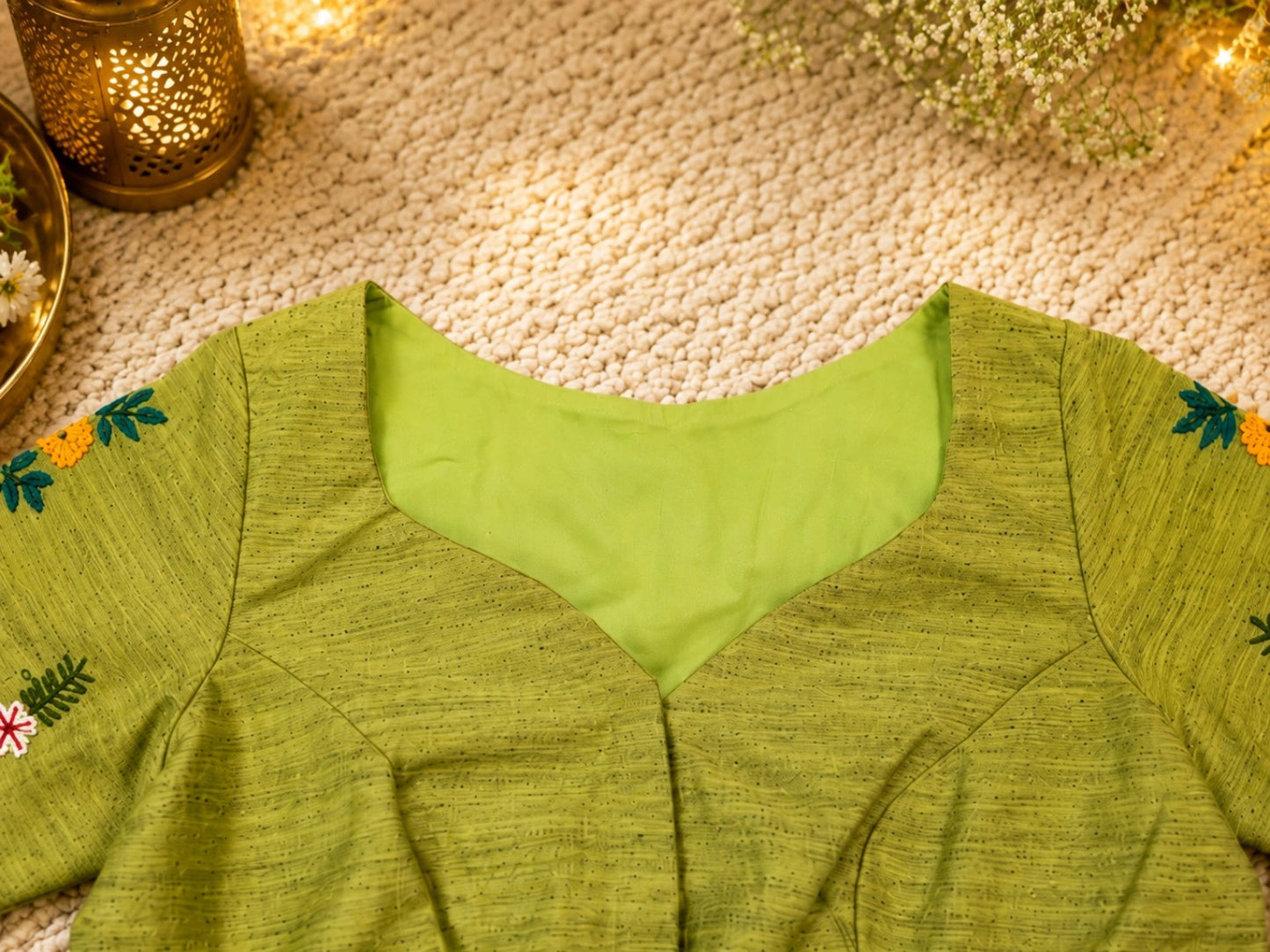 Olive Green Boat Neck Hand Embroidered Floral Cotton Blend Blouse