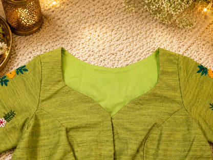 Olive Green Boat Neck Hand Embroidered Floral Cotton Blend Blouse