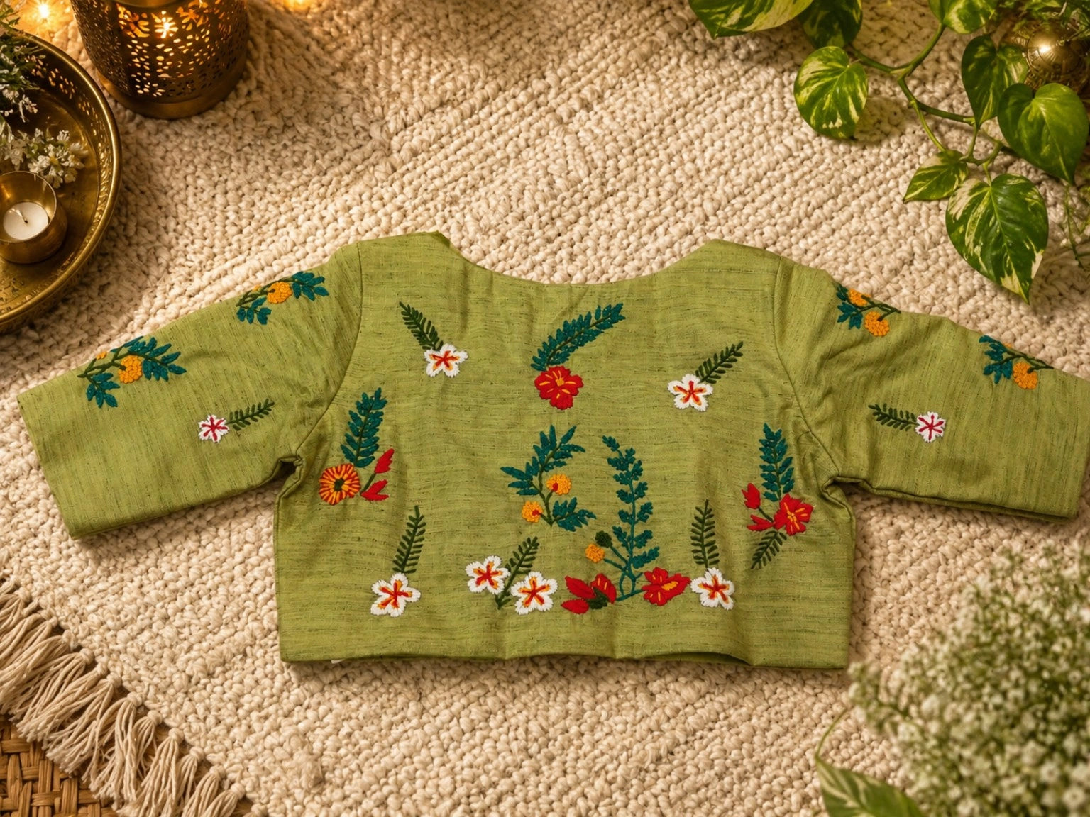 Olive Green Boat Neck Hand Embroidered Floral Cotton Blend Blouse