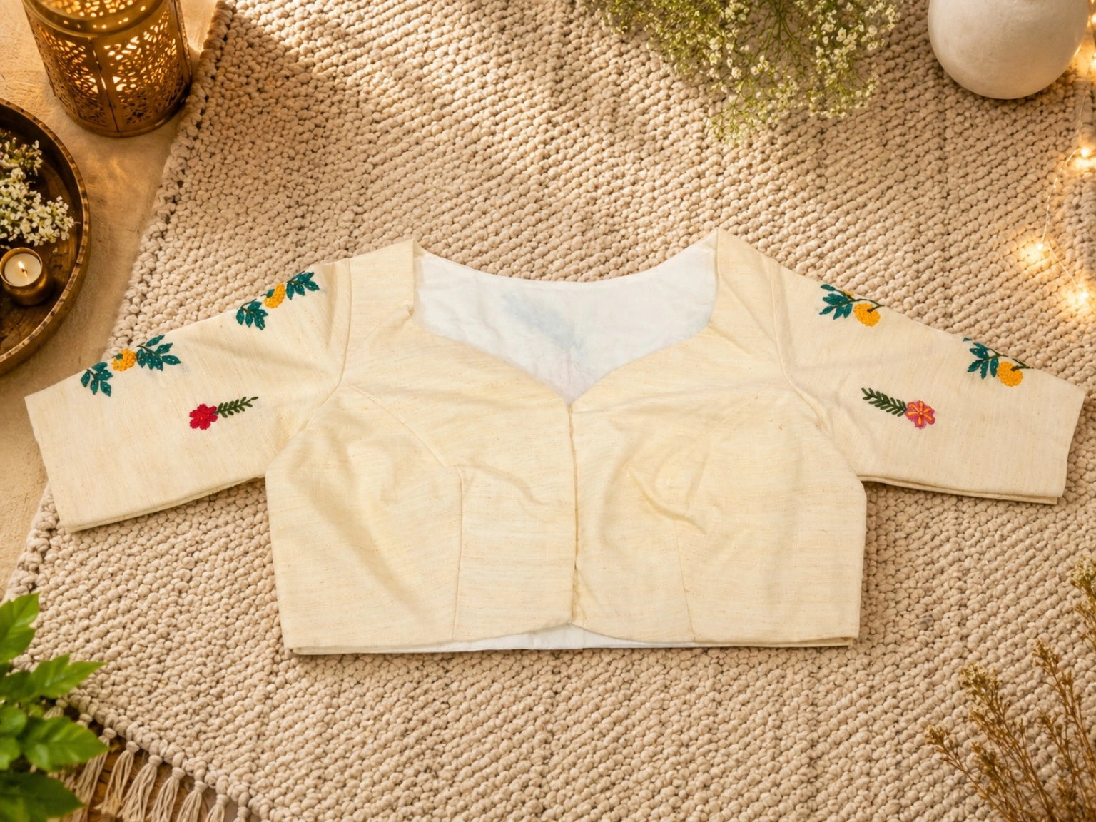Off White Boat Neck Hand Embroidered Floral Cotton Blend Blouse