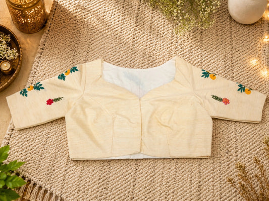 Off White Boat Neck Hand Embroidered Floral Cotton Blend Blouse