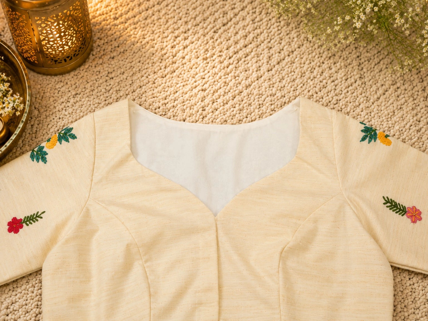 Off White Boat Neck Hand Embroidered Floral Cotton Blend Blouse