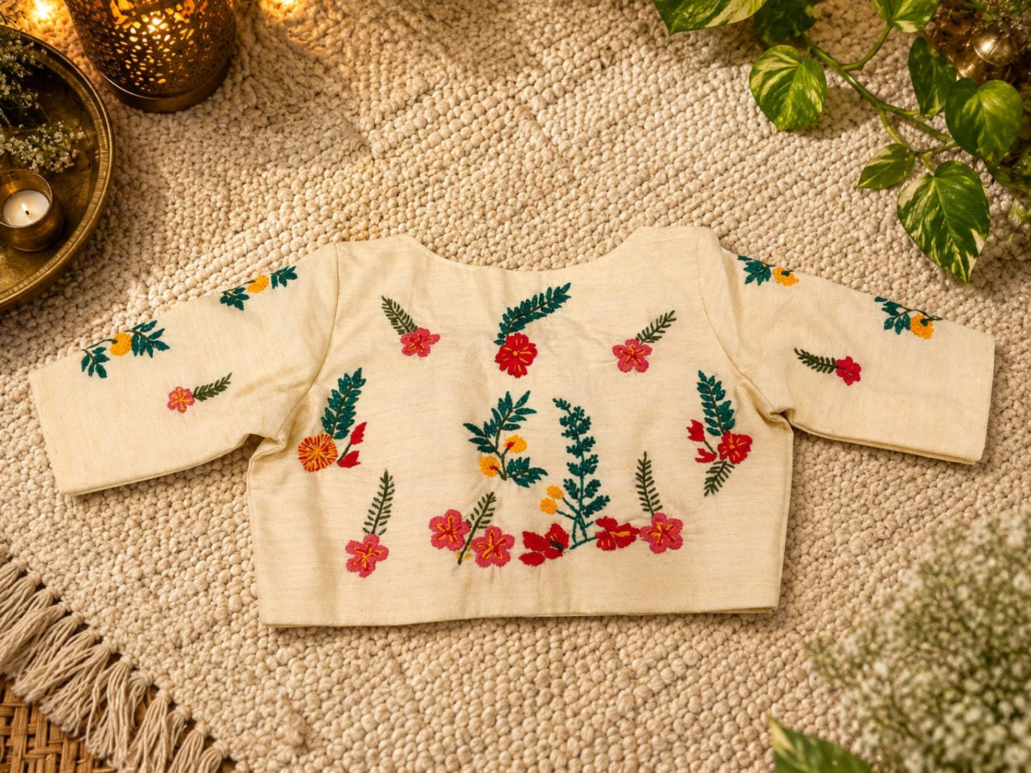 Off White Boat Neck Hand Embroidered Floral Cotton Blend Blouse
