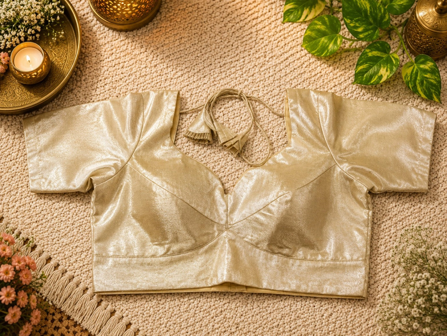 Gold Tissue Glass Sleeve Designer Blouse with Sweetheart Neckline