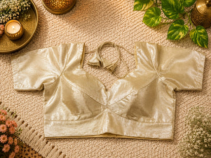 Gold Tissue Glass Sleeve Designer Blouse with Sweetheart Neckline