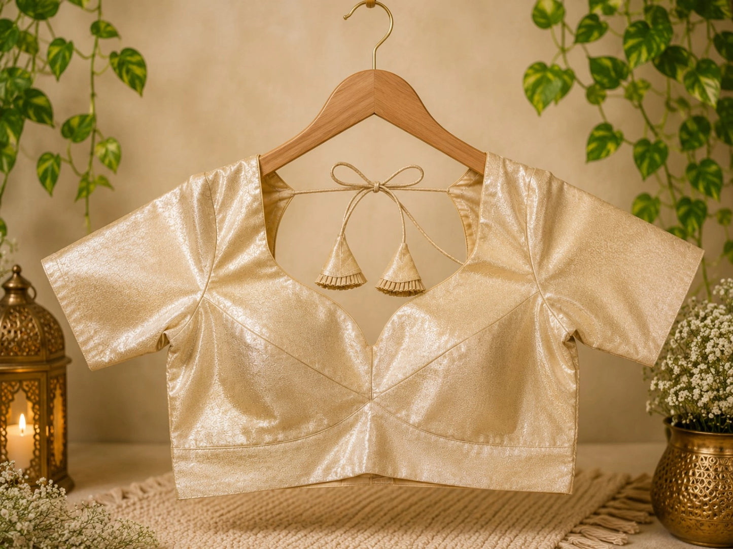 Gold Tissue Glass Sleeve Designer Blouse with Sweetheart Neckline