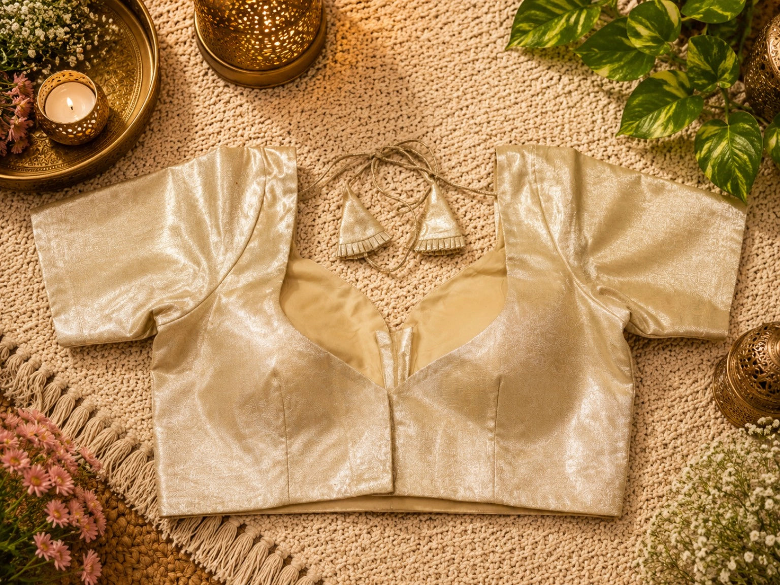 Gold Tissue Glass Sleeve Designer Blouse with Sweetheart Neckline