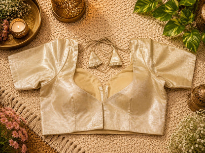 Gold Tissue Glass Sleeve Designer Blouse with Sweetheart Neckline
