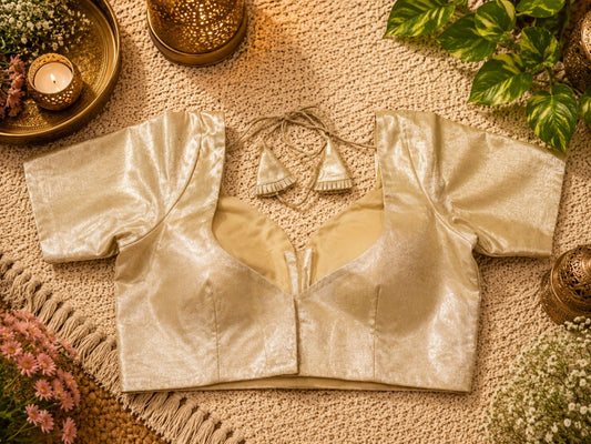 Gold Tissue Glass Sleeve Designer Blouse with Sweetheart Neckline