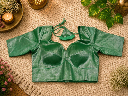 Emerald Green Handloom Tissue Glass Sleeves Designer Blouse for Silk Sarees