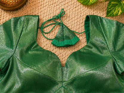 Emerald Green Handloom Tissue Glass Sleeves Designer Blouse for Silk Sarees