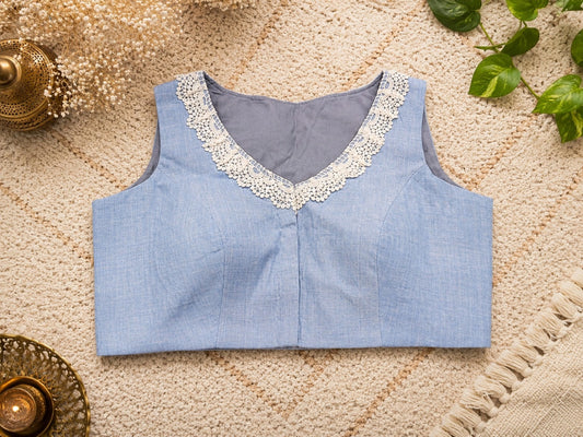 Sky Blue Pure Cotton Air Neck Thread Embroidered Floral Sleeveless Blouse