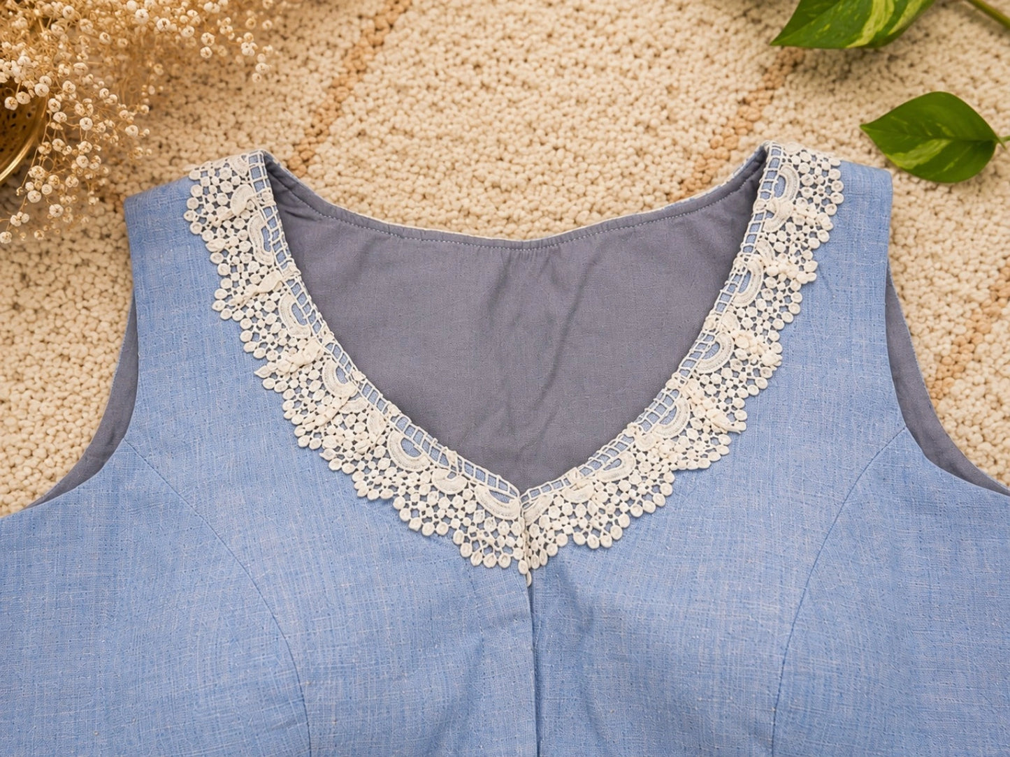 Sky Blue Pure Cotton Air Neck Thread Embroidered Floral Sleeveless Blouse