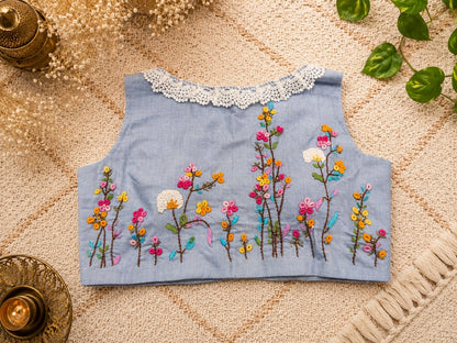 Sky Blue Pure Cotton Air Neck Thread Embroidered Floral Sleeveless Blouse