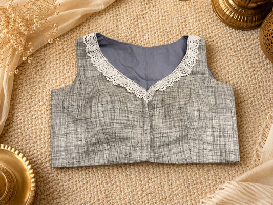 Grey Pure Cotton Air-Neck Floral Embroidered Sleeveless Blouse for Festive & Ethnic Wear