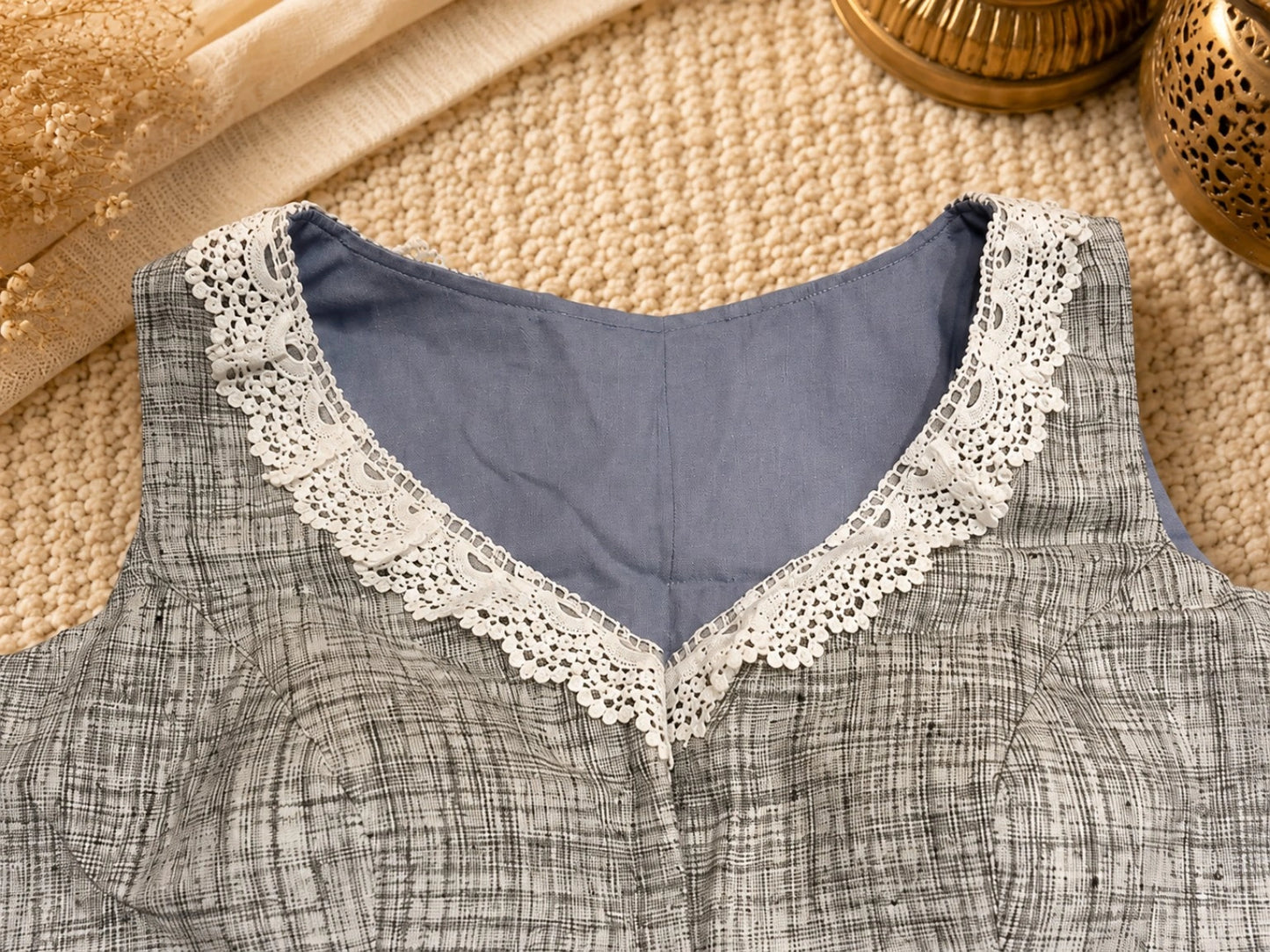 Grey Pure Cotton Air-Neck Floral Embroidered Sleeveless Blouse for Festive & Ethnic Wear
