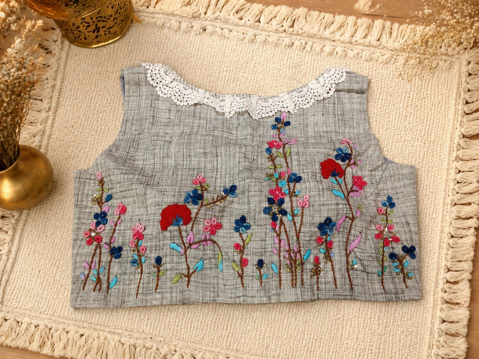 Grey Pure Cotton Air-Neck Floral Embroidered Sleeveless Blouse for Festive & Ethnic Wear