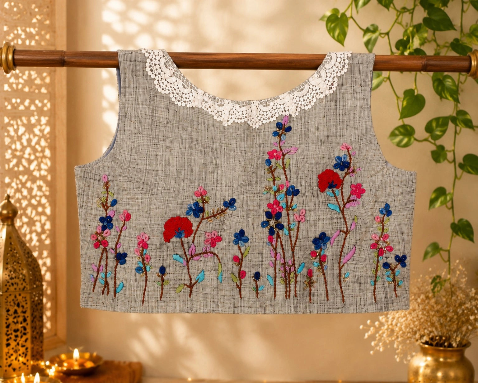 Grey Pure Cotton Air-Neck Floral Embroidered Sleeveless Blouse for Festive & Ethnic Wear