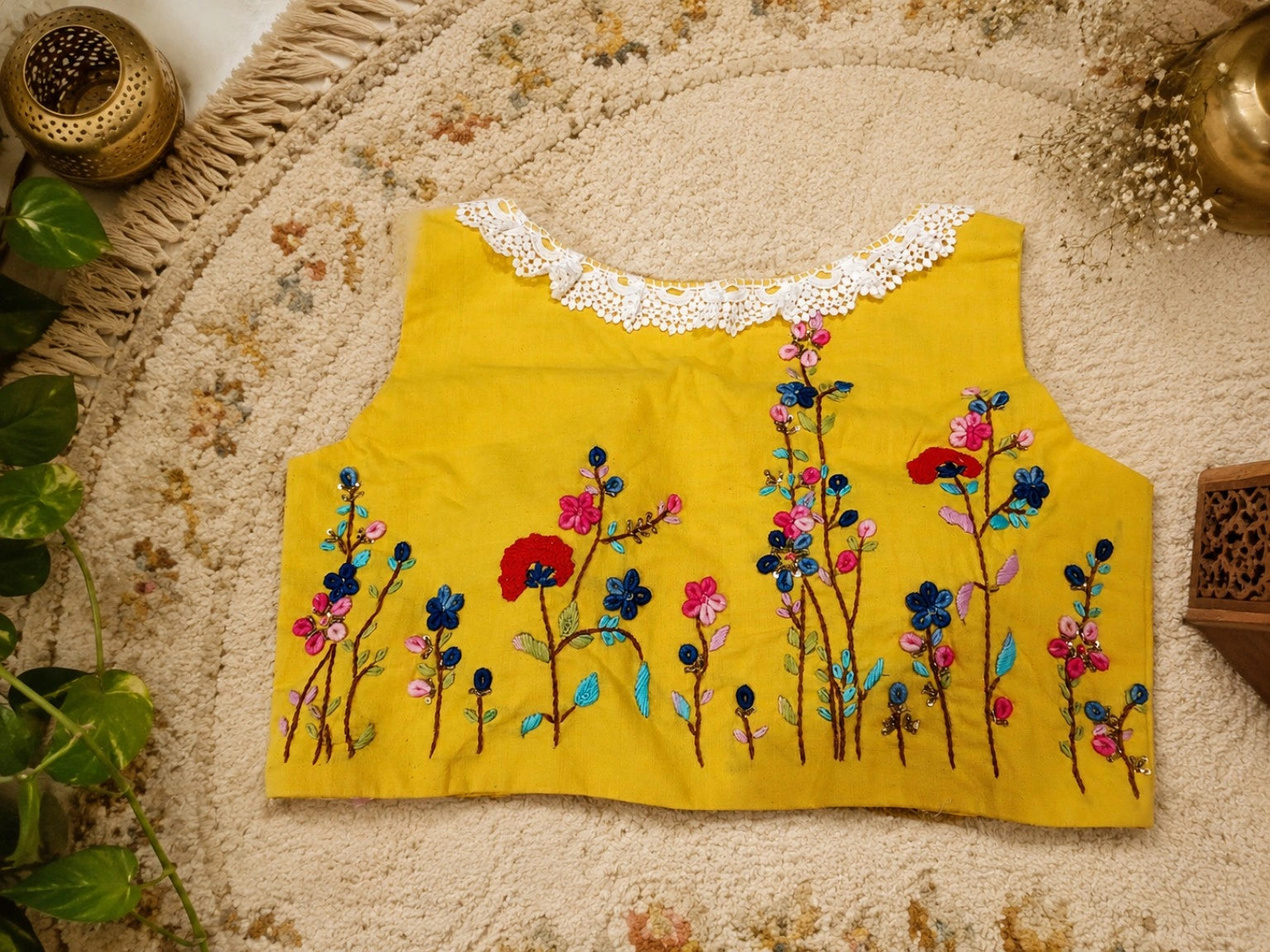 Mustard Yellow Pure Cotton Floral Thread Embroidered Sleeveless Air Neck Blouse