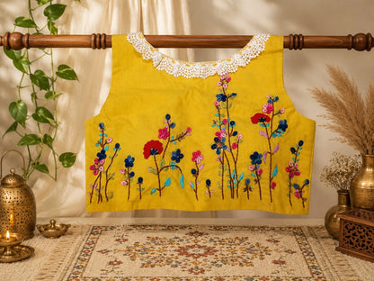 Mustard Yellow Pure Cotton Floral Thread Embroidered Sleeveless Air Neck Blouse