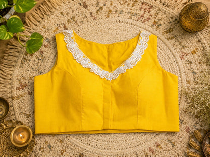 Mustard Yellow Pure Cotton Floral Thread Embroidered Sleeveless Air Neck Blouse