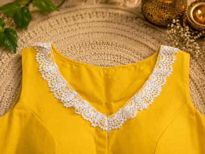 Mustard Yellow Pure Cotton Floral Thread Embroidered Sleeveless Air Neck Blouse