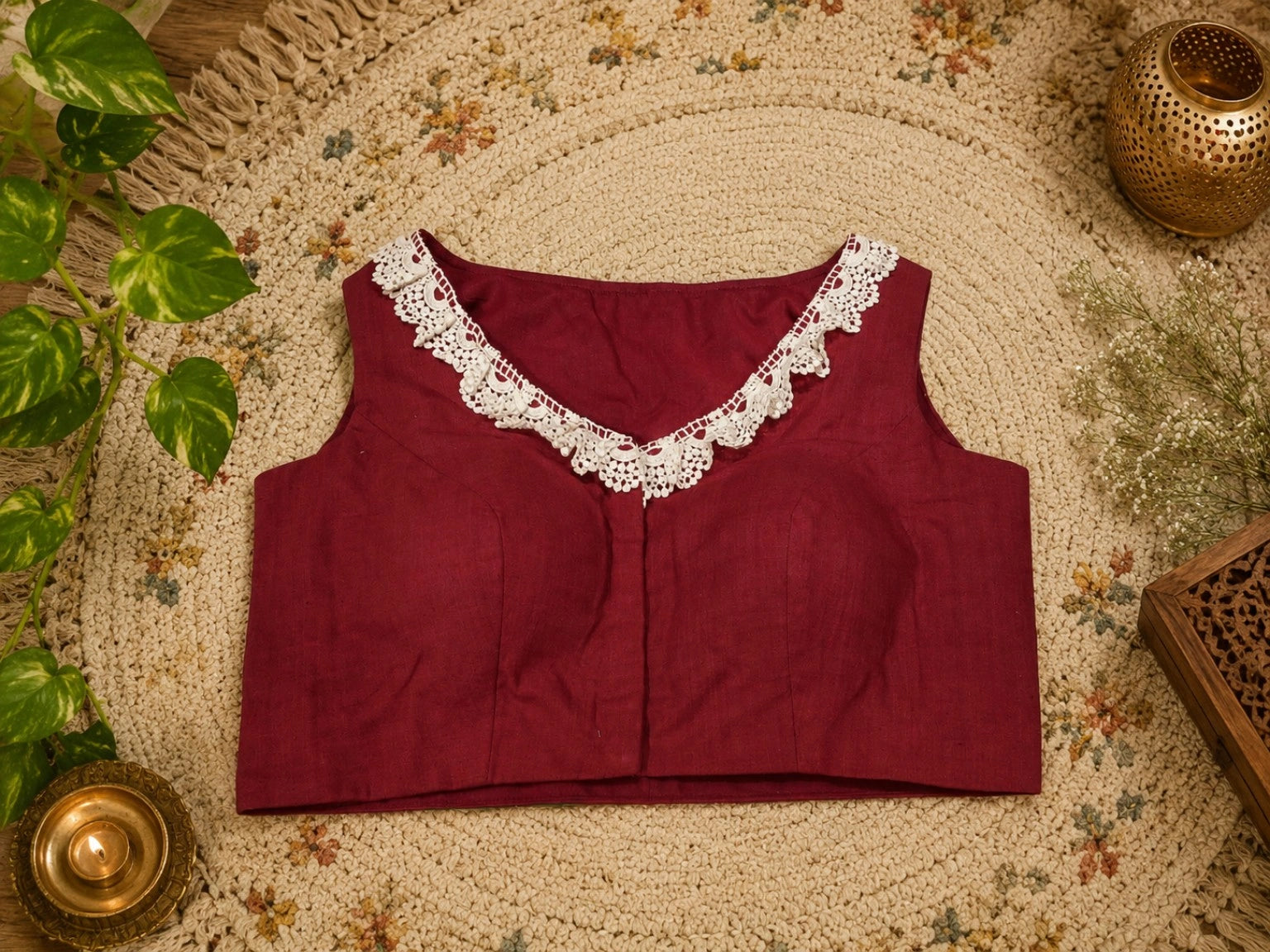 Maroon Pure Cotton Air Neck Thread Embroidered Sleeveless Blouse with Floral Handwork