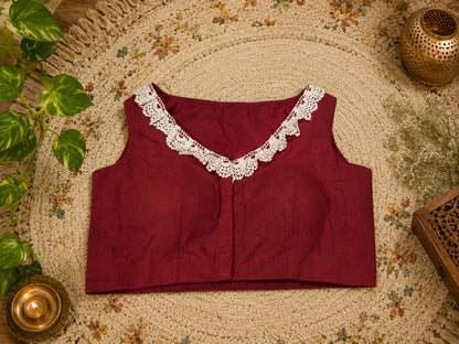 Maroon Pure Cotton Air Neck Thread Embroidered Sleeveless Blouse with Floral Handwork