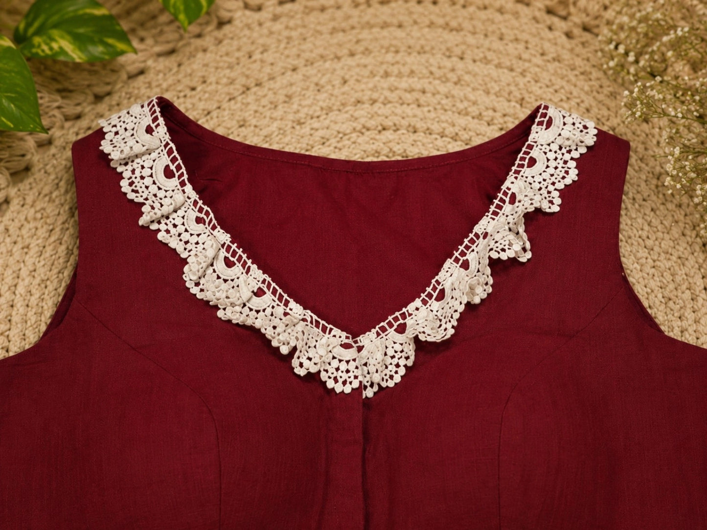 Maroon Pure Cotton Air Neck Thread Embroidered Sleeveless Blouse with Floral Handwork