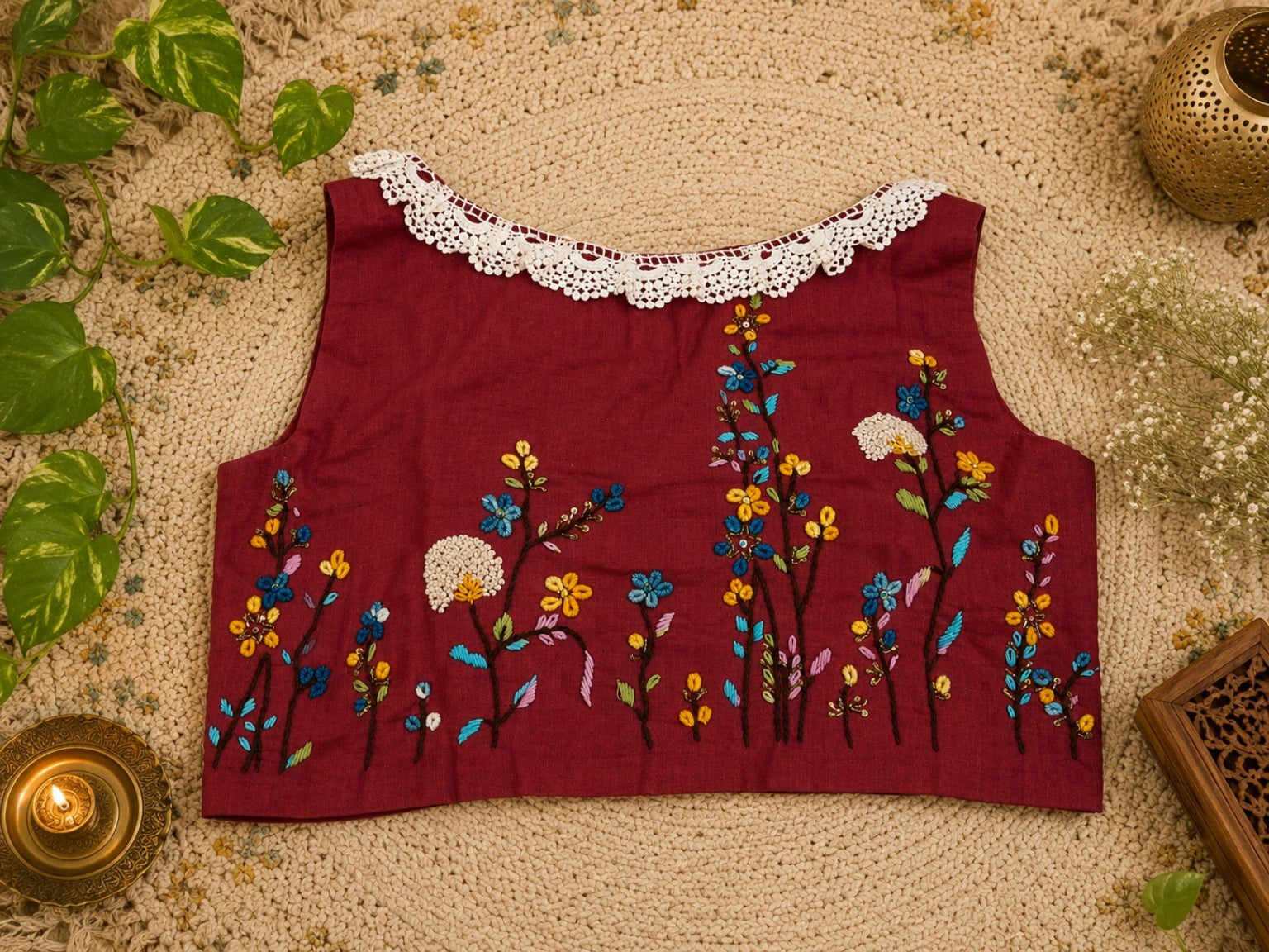Maroon Pure Cotton Air Neck Thread Embroidered Sleeveless Blouse with Floral Handwork