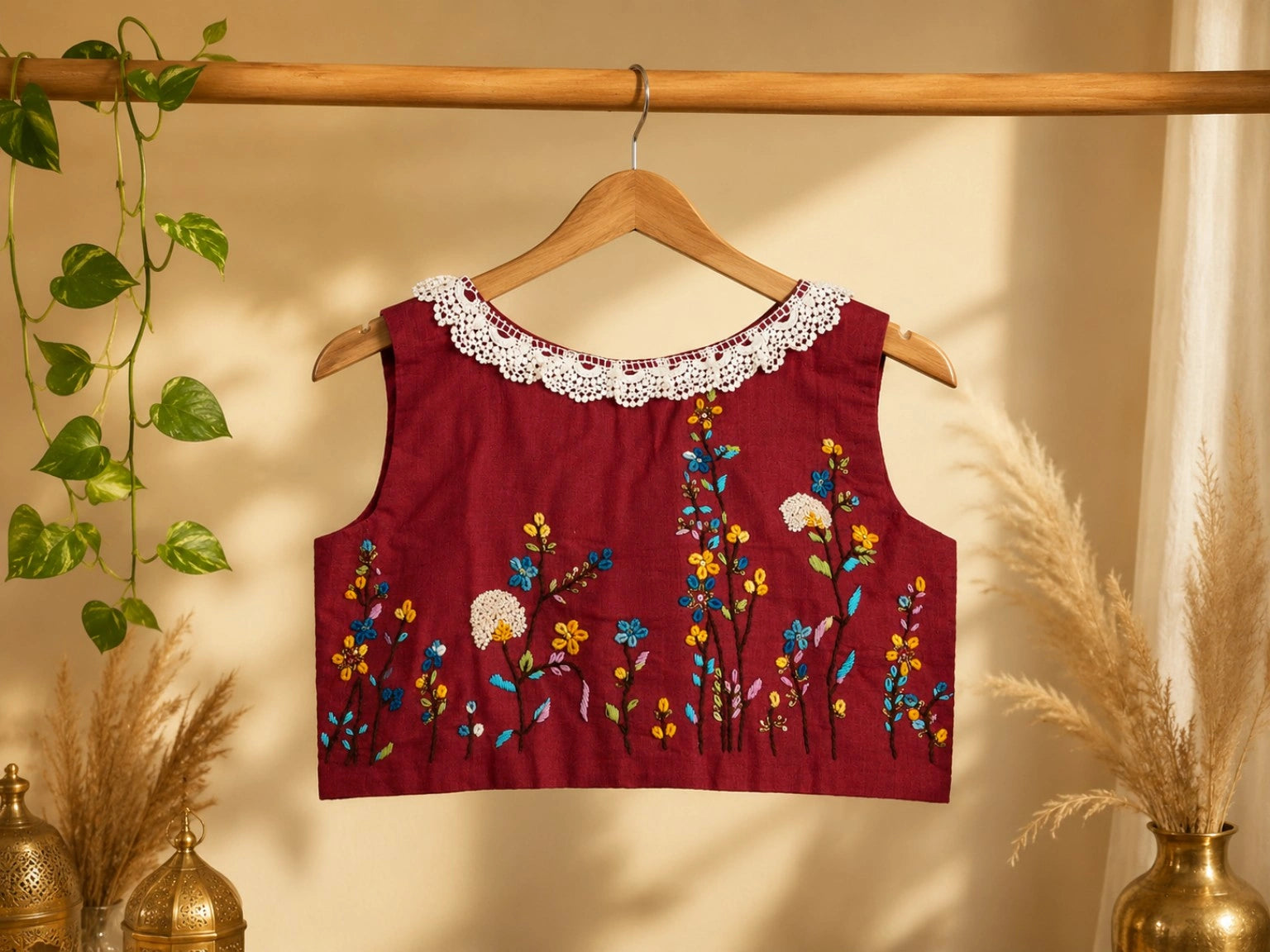 Maroon Pure Cotton Air Neck Thread Embroidered Sleeveless Blouse with Floral Handwork