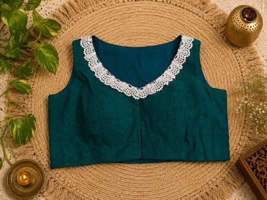 Dark Teal Pure Cotton Air Neck Thread Floral Embroidered Sleeveless Blouse with Crochet Lace Neck