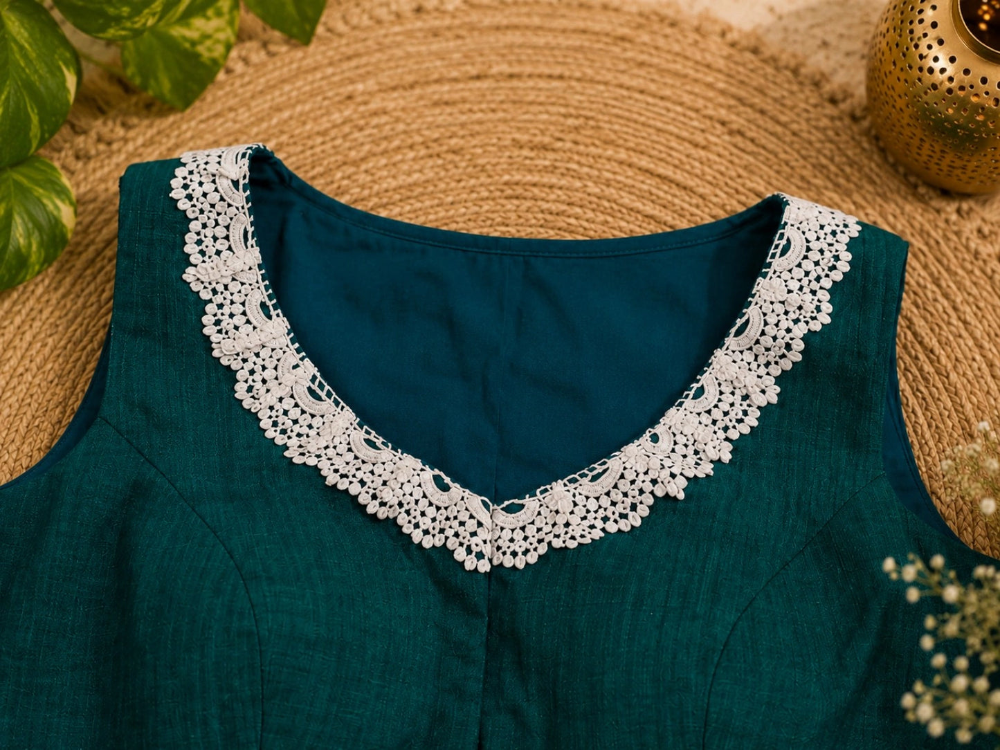 Dark Teal Pure Cotton Air Neck Thread Floral Embroidered Sleeveless Blouse with Crochet Lace Neck