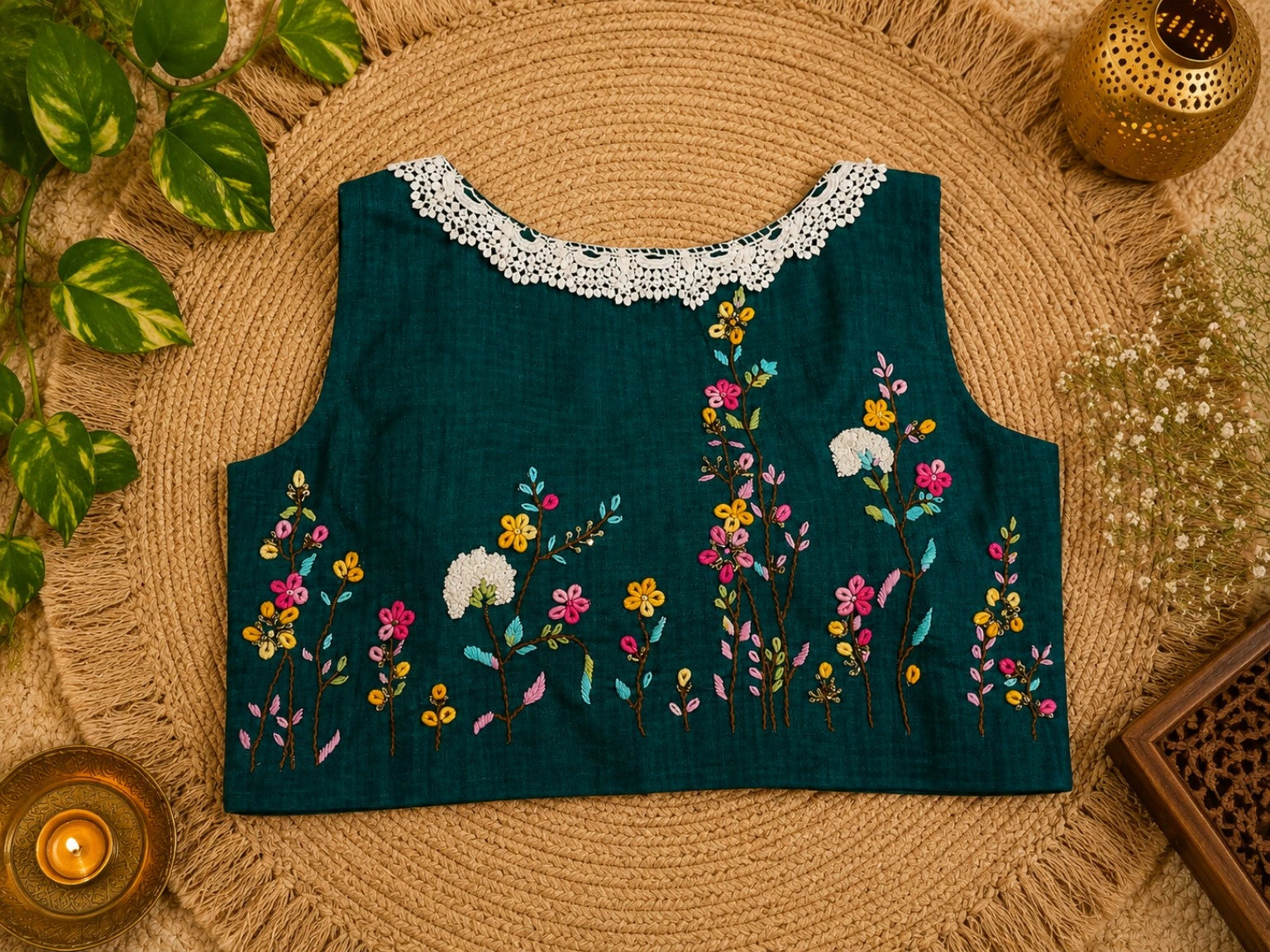 Dark Teal Pure Cotton Air Neck Thread Floral Embroidered Sleeveless Blouse with Crochet Lace Neck