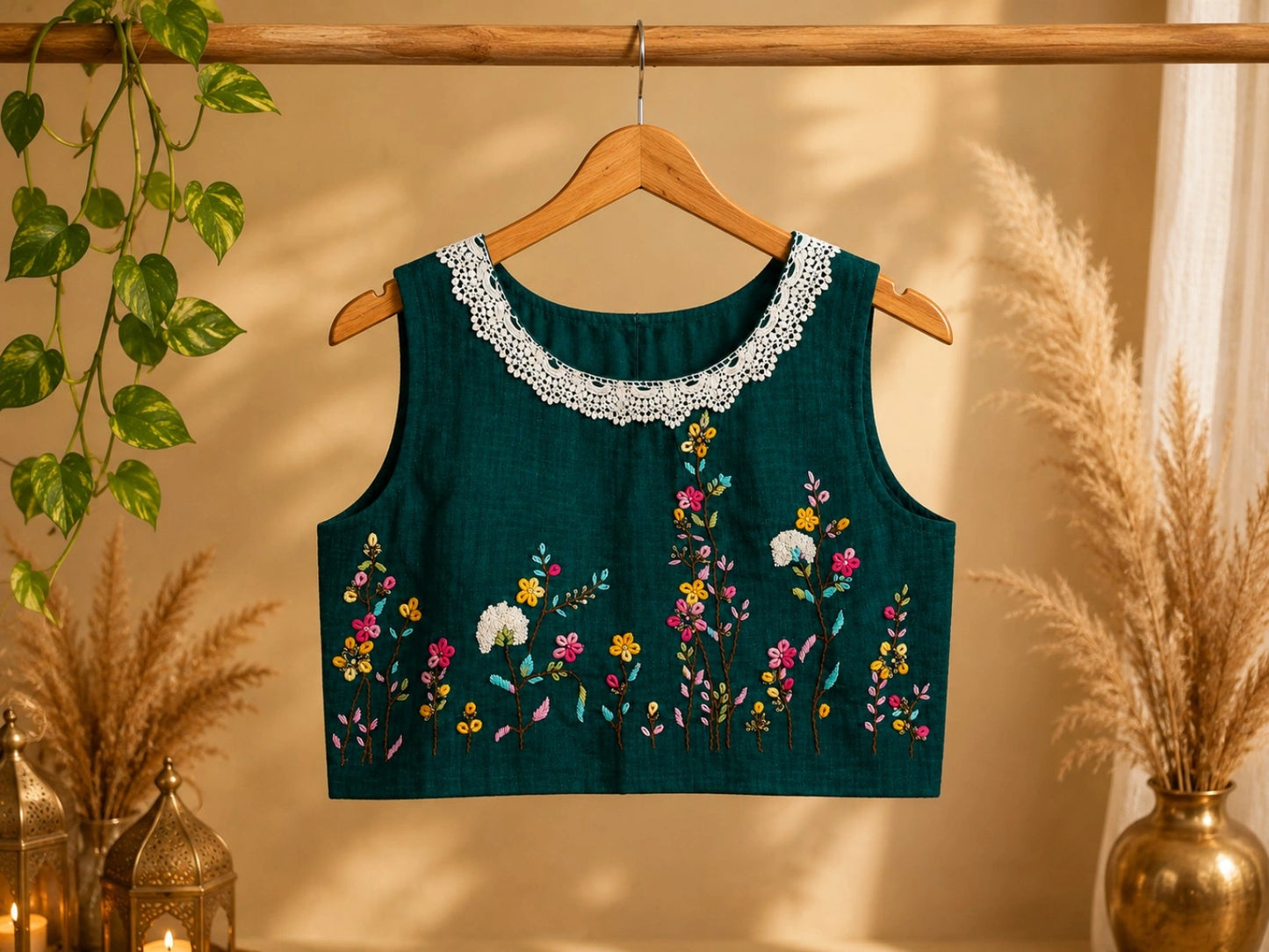 Dark Teal Pure Cotton Air Neck Thread Floral Embroidered Sleeveless Blouse with Crochet Lace Neck