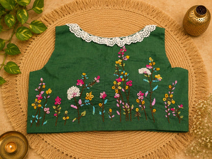 Pure Cotton Green Floral Embroidered Air Neck Blouse with White Crochet Lace