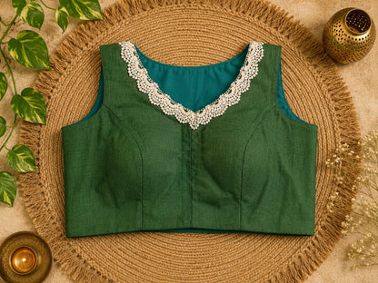 Pure Cotton Green Floral Embroidered Air Neck Blouse with White Crochet Lace