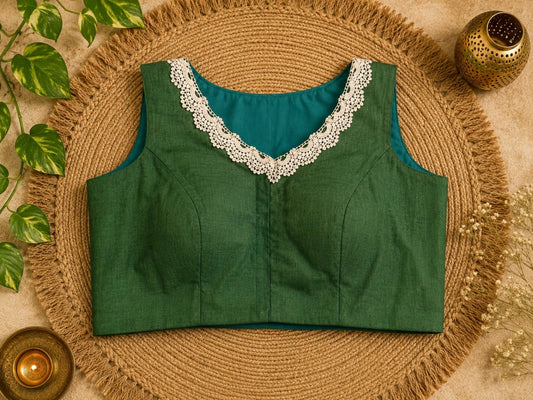 Pure Cotton Green Floral Embroidered Air Neck Blouse with White Crochet Lace
