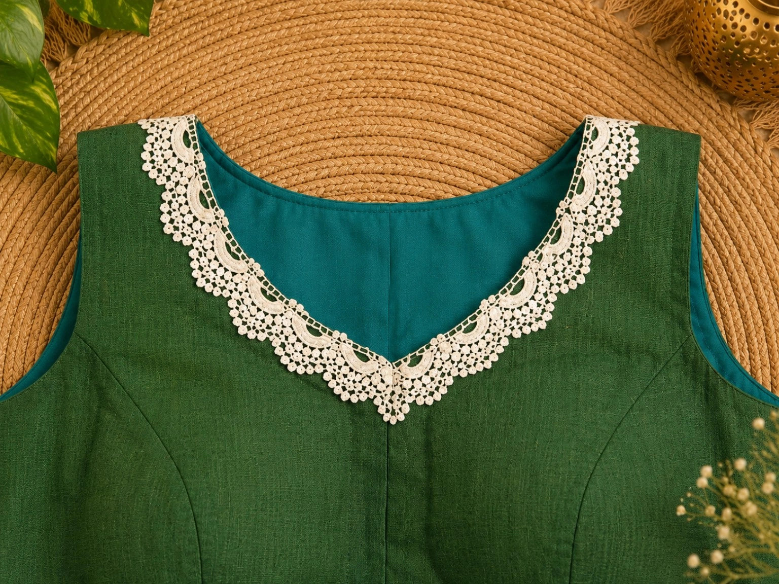 Pure Cotton Green Floral Embroidered Air Neck Blouse with White Crochet Lace