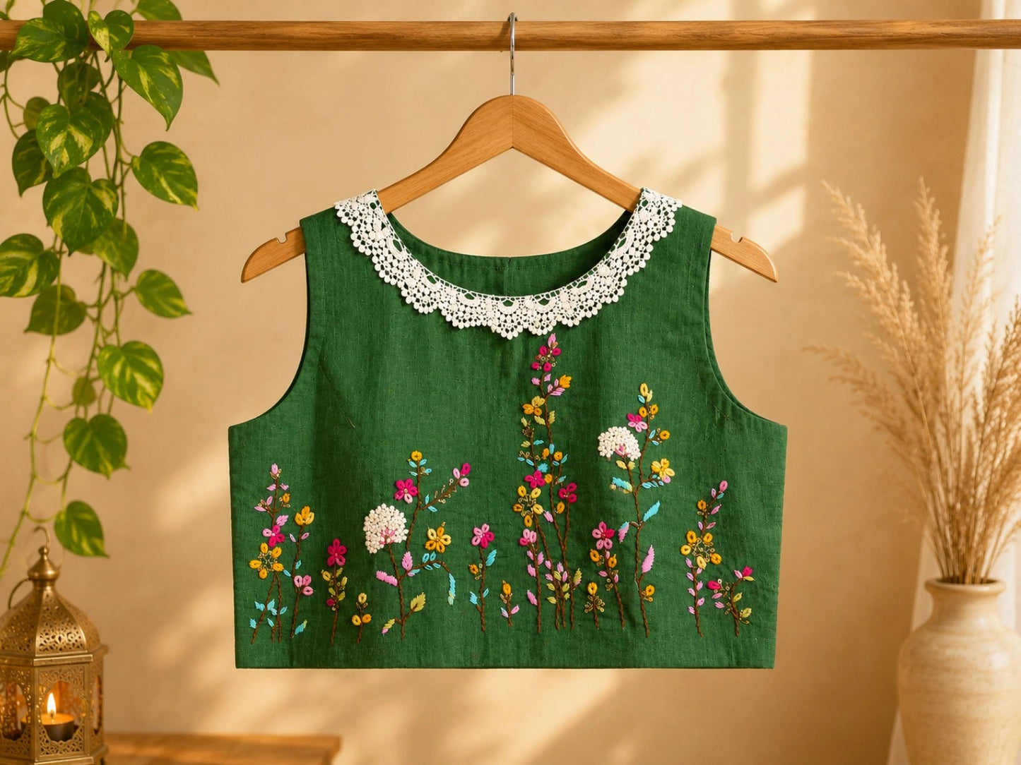 Pure Cotton Green Floral Embroidered Air Neck Blouse with White Crochet Lace