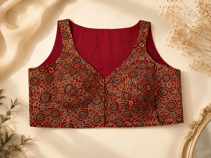 Pure Ajrakh Maroon Ethnic Printed Round Neck Sleeveless Cotton Blouse for Women