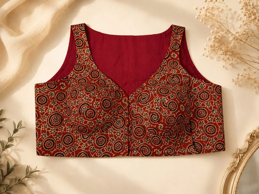 Pure Ajrakh Maroon Ethnic Printed Round Neck Sleeveless Cotton Blouse for Women