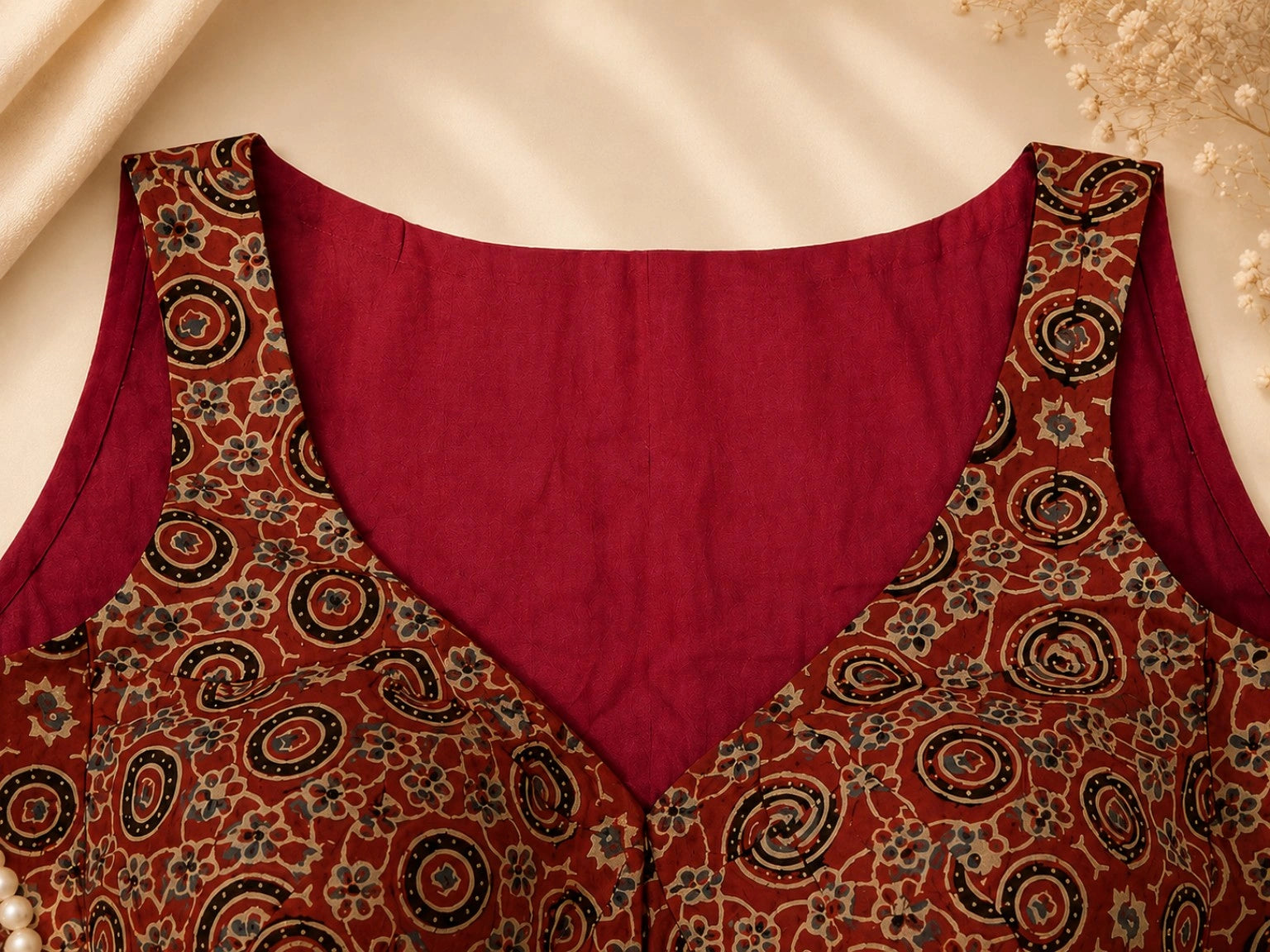Pure Ajrakh Maroon Ethnic Printed Round Neck Sleeveless Cotton Blouse for Women